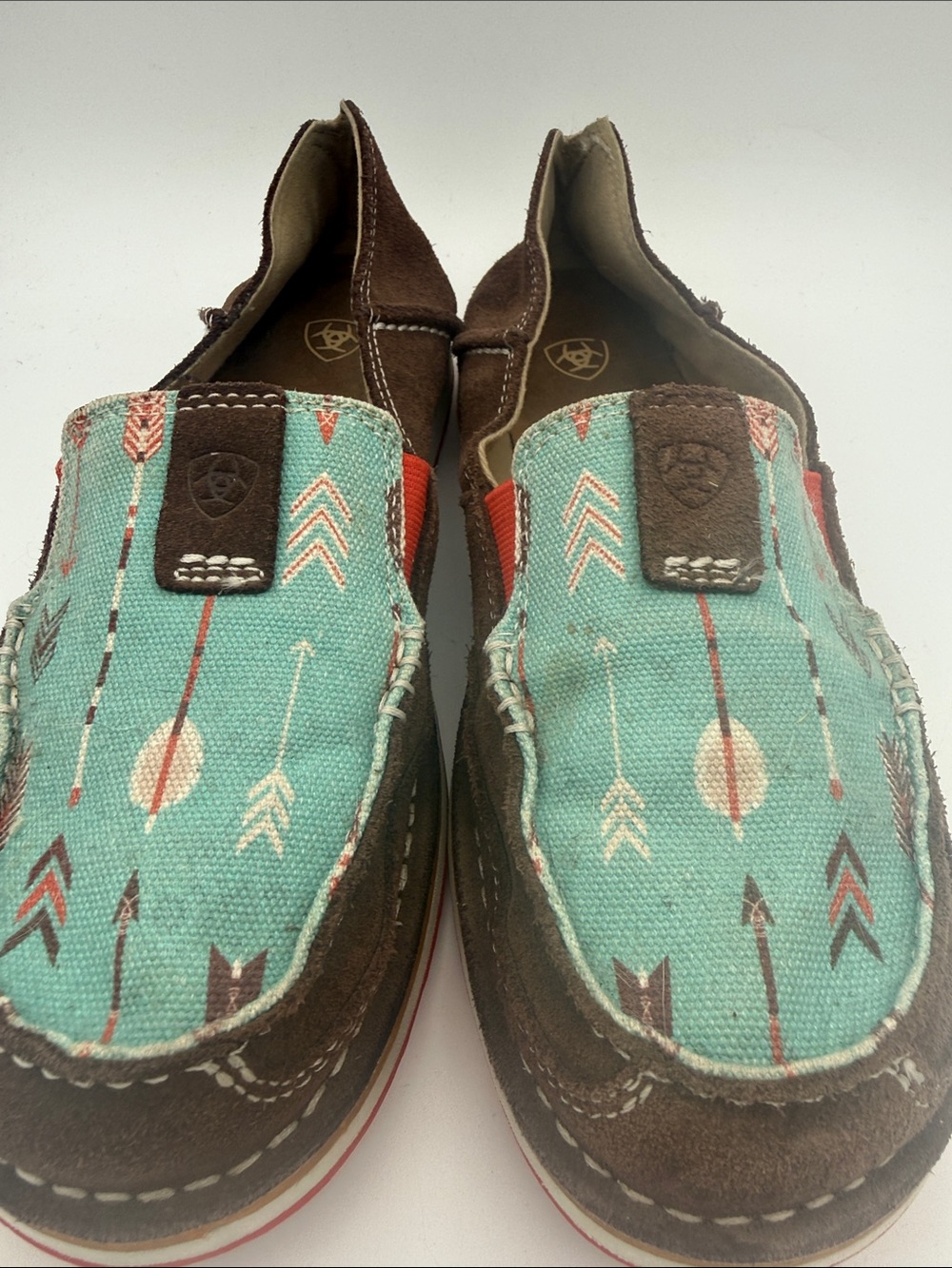 Ariat Teal Arrow-Print Slip-On Shoes with Brown Trim - Picture 2 of 11